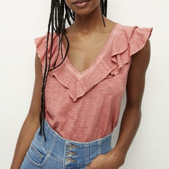 Veronica Beard Jeans Ellerie Ruffled V-Neck Top in Faded Rose Pink Women’s Large - Picture 1 of 7